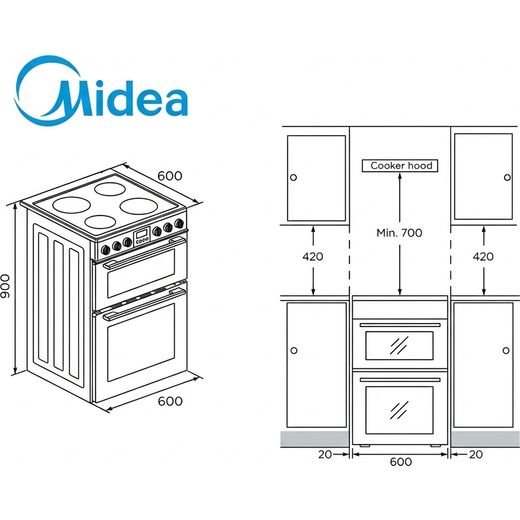 Midea MFO24EME4R118-SS 60cm Wide Double Oven Electric Cooker with Ceramic Hob - Stainless Steel  - Annotation - Dimension shot